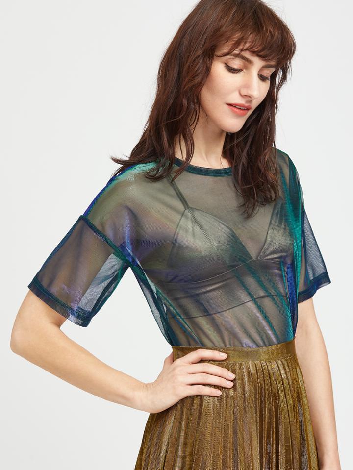 Shein Drop Shoulder Iridescent Sheer Mesh Top