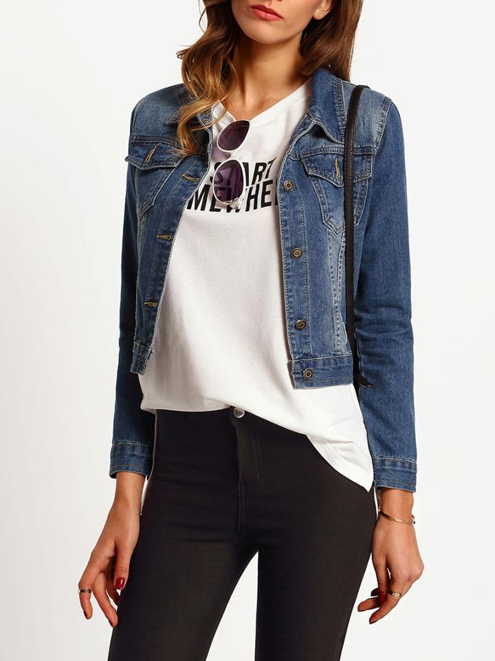 Shein Blue Bleached Crop Denim Jacket