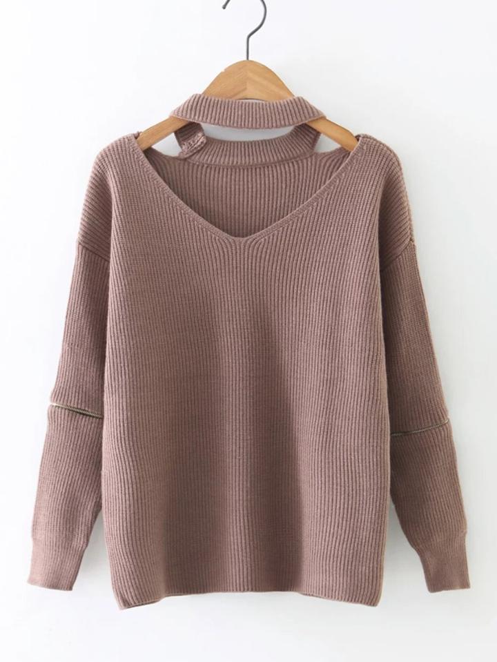 Shein Choker V Neckline Zip Sleeve Ribbed Sweater