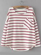 Shein Red White Round Neck Striped Pocket Dip Hem T-shirt