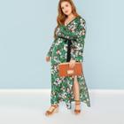 Shein Plus Contrast Binding Surplice Wrap Floral Dress