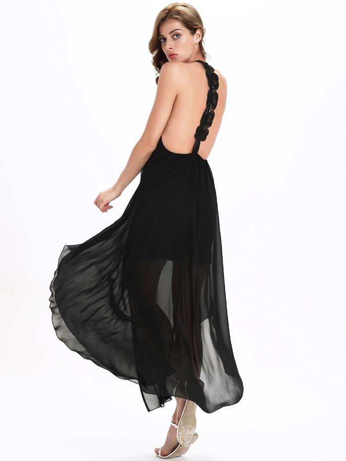 Shein Black Crochet Racerback Mesh Overlay Dress