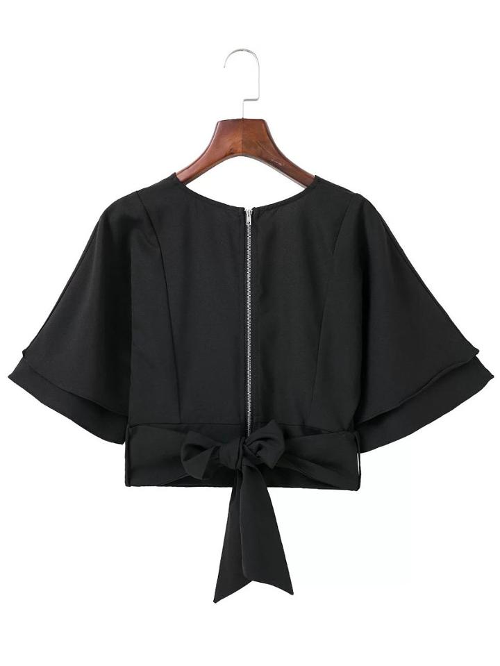 Shein Black Zipper Front V Cut Out Back Top With Tie Detail
