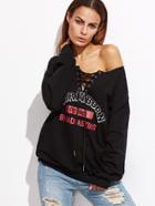 Shein Black Lace Up Front Letter Print Sweatshirt