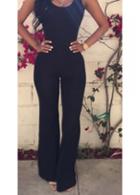 Rosewe Open Back Round Neck Black Boot Cut Jumpsuit
