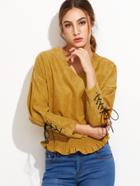 Shein V Neck Lace Up Cuff Shirred Hem Blouse