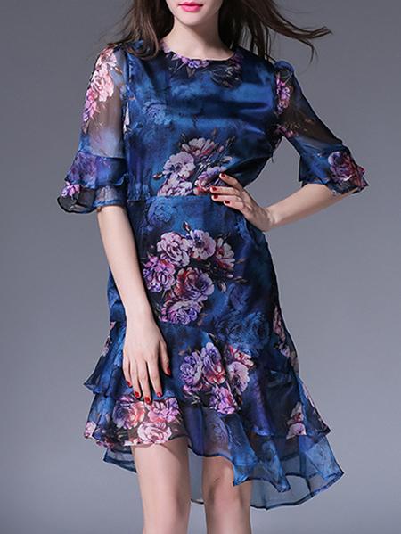 Shein Blue Bell Sleeve Ruffle Print Dress