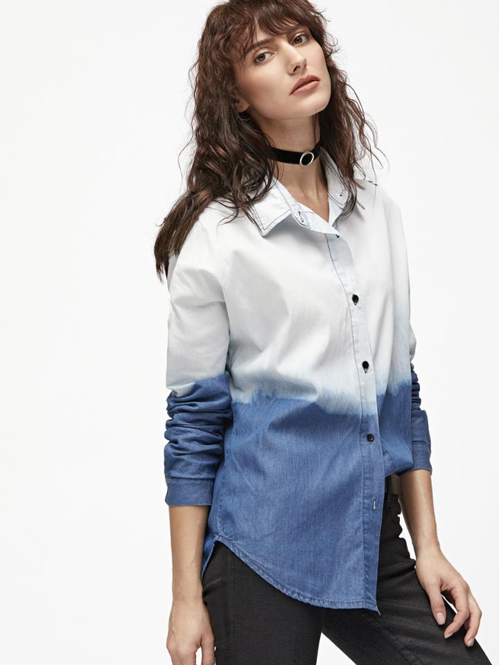 Shein Blue Ombre Curved Hem Denim Blouse