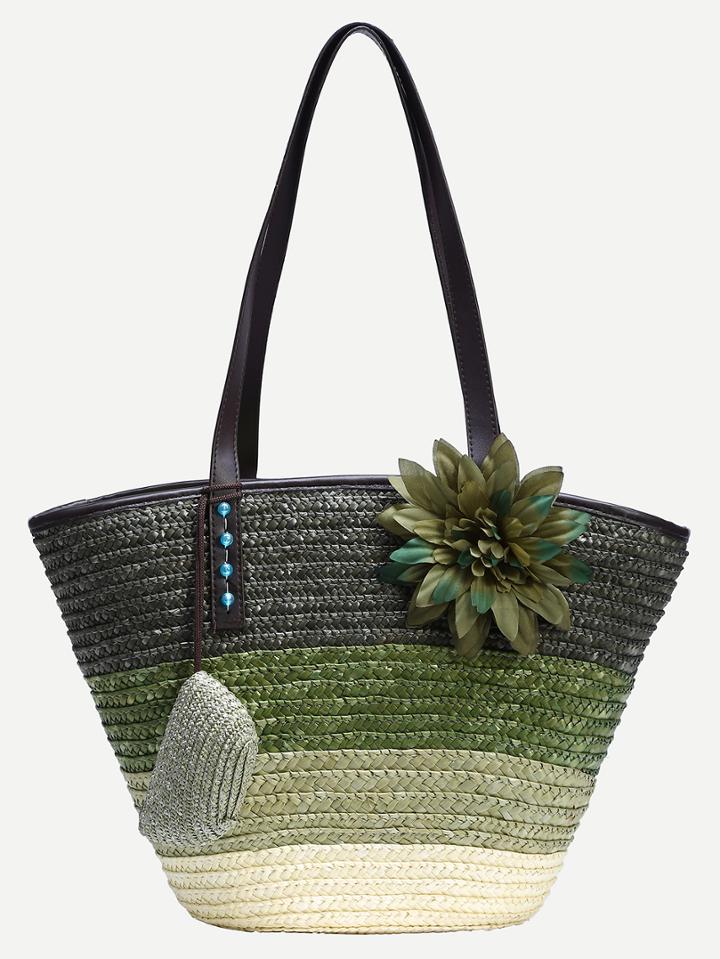 Shein Green Ombre Flower Embellished Straw Shopper Bag