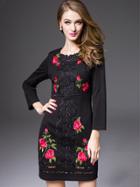 Shein Black Round Neck Long Sleeve Hollow Embroidered Dress