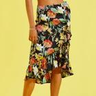 Shein Botanical Print Ruffle Dip Hem Skirt