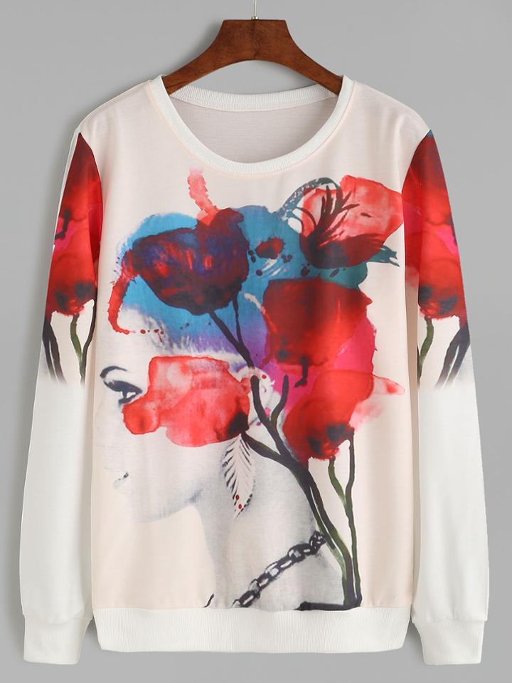 Shein White Abstract Print Sweatshirt