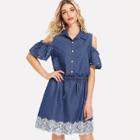 Shein Lace Contrast Open Shoulder Drawstring Denim Dress