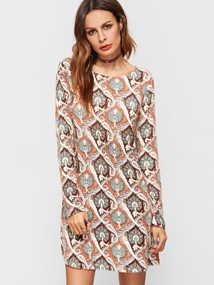 Shein Multicolor Geometric Print Round Neck Shift Dress