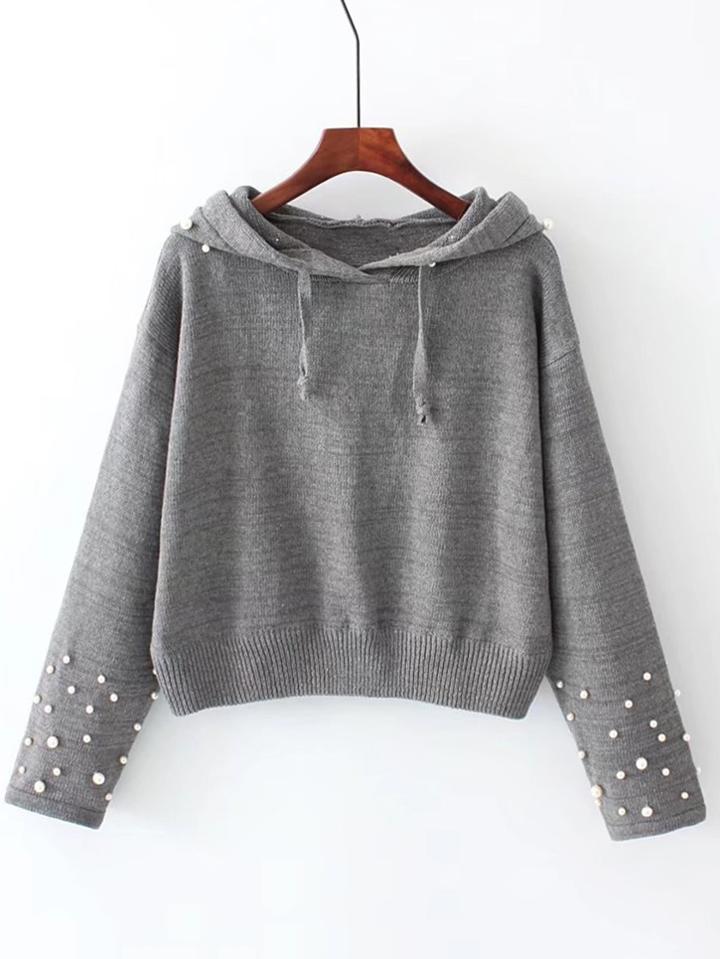 Shein Faux Pearl Embellished Hooded Sweater