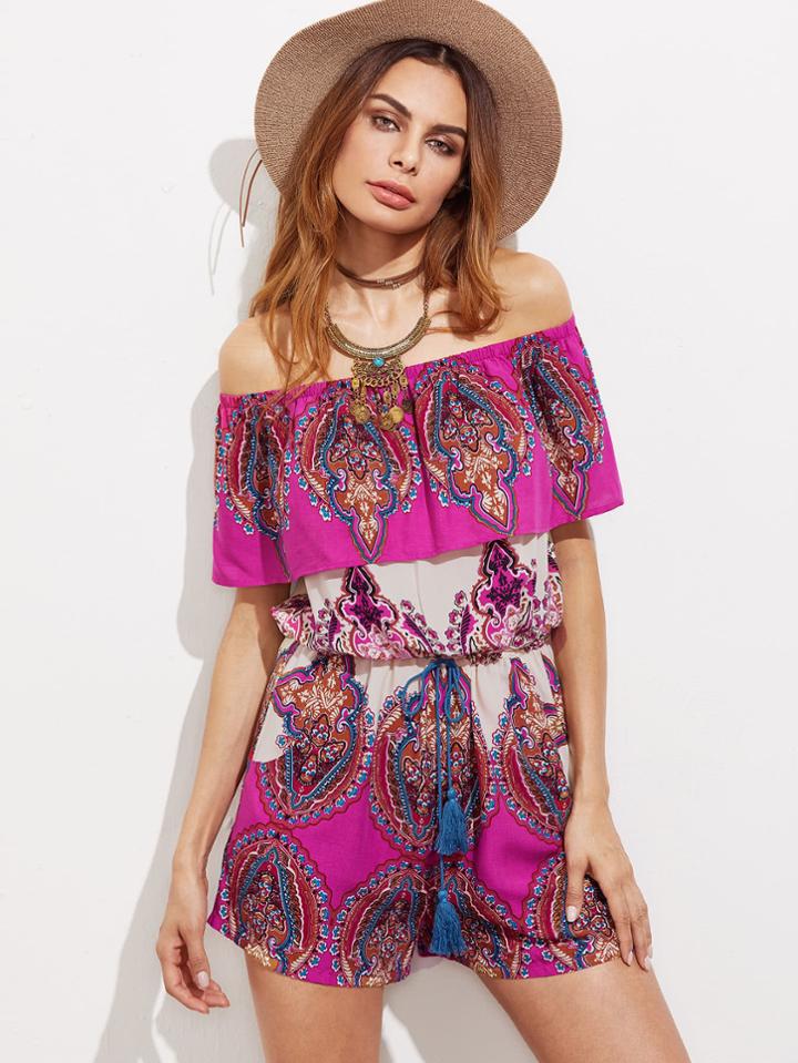 Shein Damask Print Tasseled Drawstring Waist Flounce Bardot Playsuit