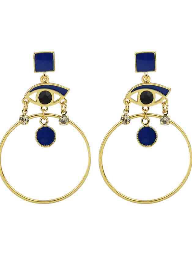 Shein Blue Ethnic Style Rhinestone Eye Round Shape Hanging Statement Earrings