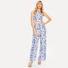 Shein Porcelain Print Open Back Halter Top & Pants Set