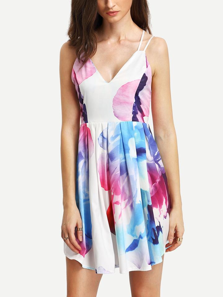 Shein Crisscross Back Florals Pleated Dress