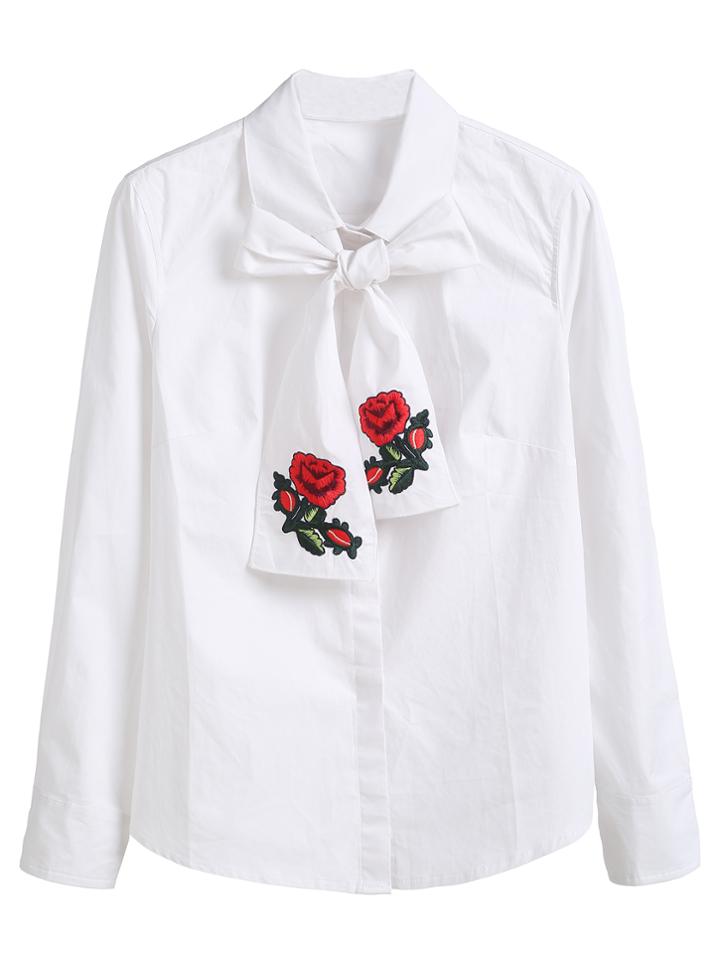 Shein White Hidden Button Blouse With Embroidered Neck Tie
