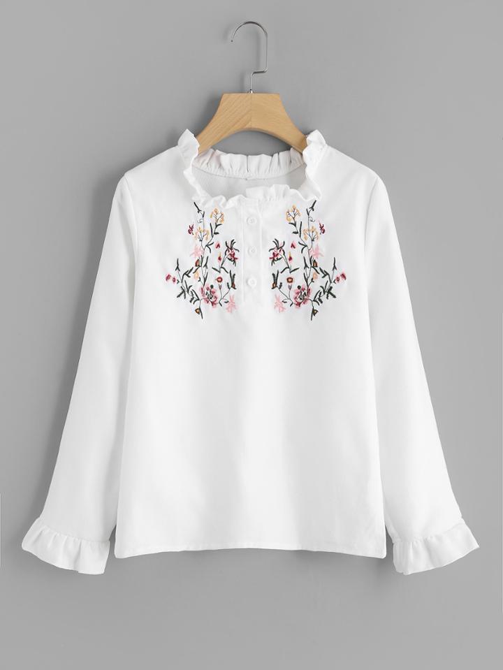 Shein Half Placket Frilled Embroidered Blouse