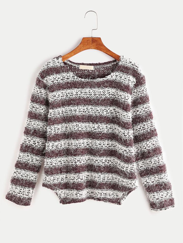 Shein Contrast Striped Slit Side Fuzzy T-shirt