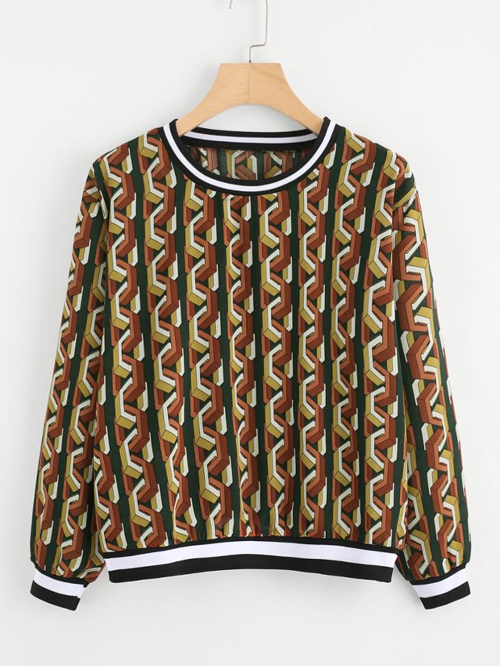 Shein Contrast Striped Trim Seamless Pattern Sweatshirt