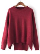 Shein Burgundy Round Neck Split Loose Sweater