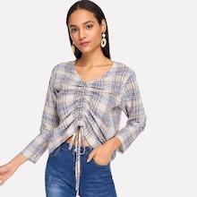 Shein Drawstring Detail Plaid Blouse