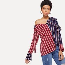 Shein Button Up & Tie Detail Striped Blouse