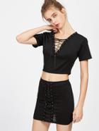 Shein V-neckline Eyelet Lace Up Crop T-shirt With Skirt