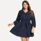 Shein Plus Button Front Belted V-neck Dress