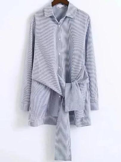 Shein Blue Vertical Striped Floral Embroidery Knotted High Low Blouse