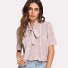 Shein Faux Pearl Beading Tie Neck Plaid Shirt