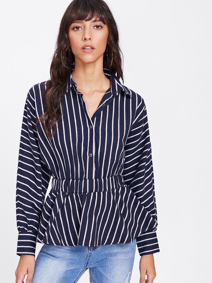 Shein Latern Sleeve Contrast Vertical Striped Shirt
