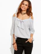 Shein Vertical Striped Cold Shoulder Bow Tie Top