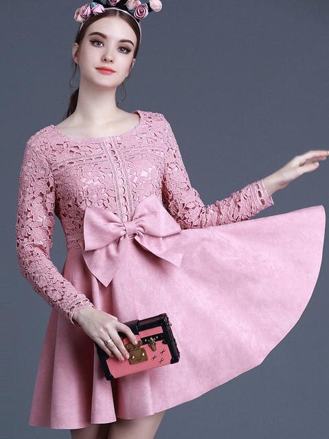 Shein Pink Round Neck Long Sleeve Hollow Crochet Bow Dress