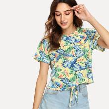Shein Knot Front Jungle Leaf Print T-shirt