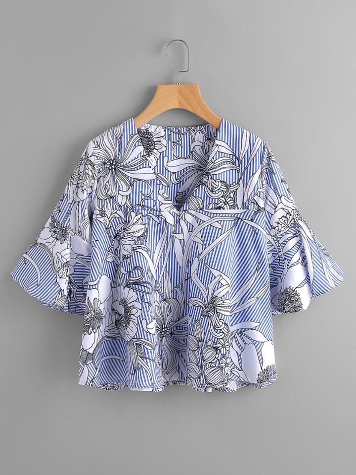 Shein V Neckline Flute Sleeve Florals Blouse