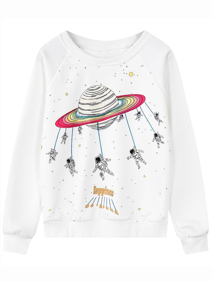 Shein White Round Neck Space Patterned Print Sweatshirt