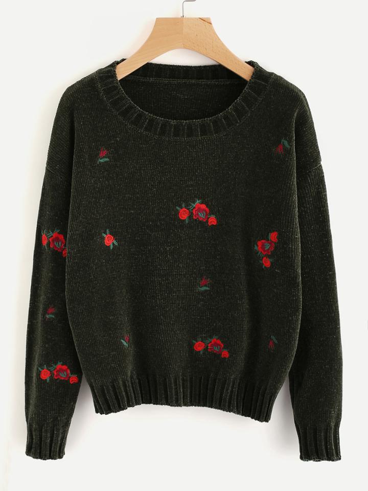 Shein Ribbed Trim Flower Embroidered Jumper