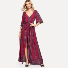 Shein V Neck Bell Sleeve Slit Floral Tape Dress