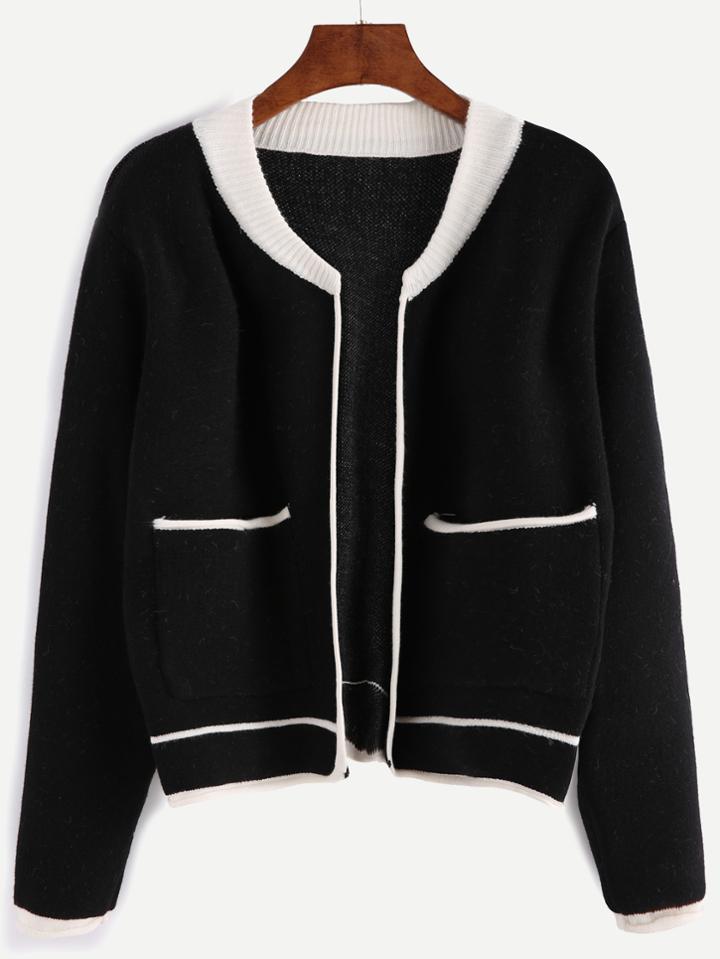 Shein Black Contrast Trim Open Front Cardigan With Pocket