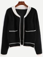 Shein Black Contrast Trim Open Front Cardigan With Pocket