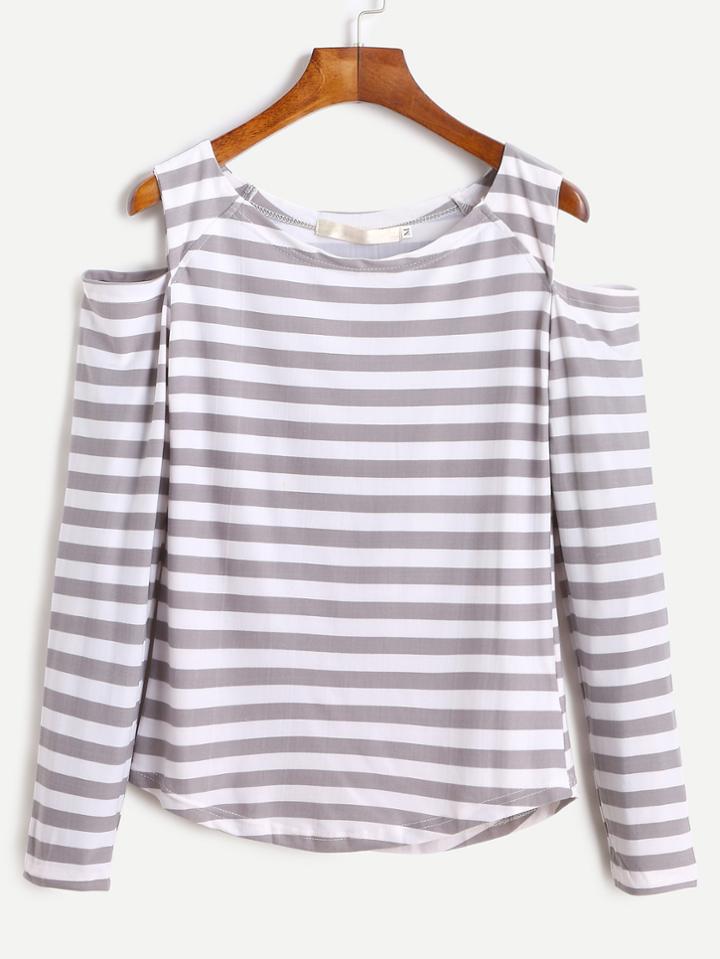 Shein Contrast Striped Open Shoulder T-shirt