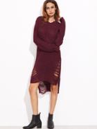 Shein Burgundy High Low Ripped Sweater Dress