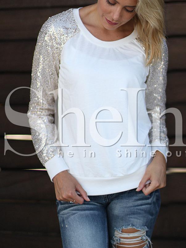 Shein White Round Neck Sequined Sweatshirt