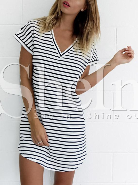 Shein Black White Stripe V Neck Casual Dress