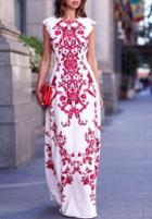 Shein Red White Round Neck Raspberry Floral Maxi Dress
