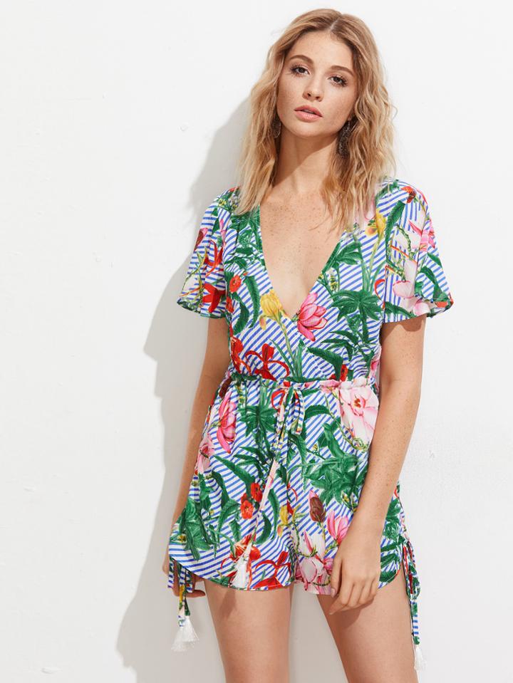 Shein Plunging V-neckline Drawstring Waist Playsuit With Fringe